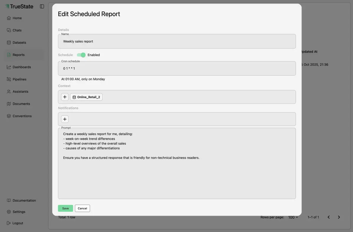 Automated reporting schedule interface
